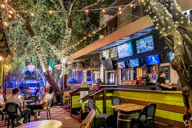 Enjoy the beautifully lit tree covered patio at the Dubliner Irish Pub.