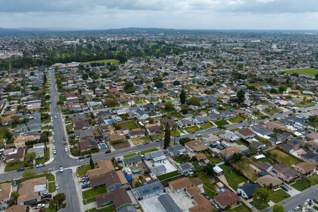 Single-family homes line South Whittier streets edged by palms and cypress.