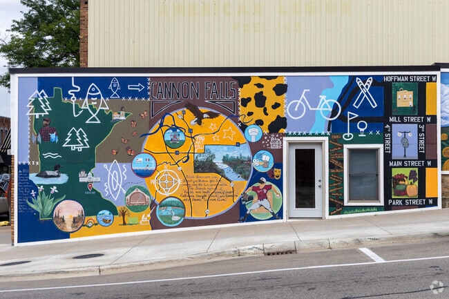 Downtown Cannon Falls features a colorful mural.