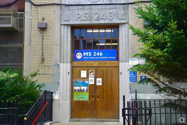 Main entrance to M.S. 246 is in Flatbush-Ditmas Park, East Flatbush, NY.