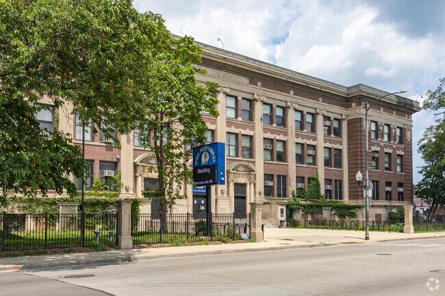 Main building and entrance to Wendell Phillips Academy High School.