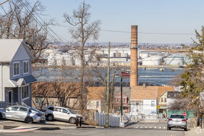 Street view of the Kill Van Kull strait from a hill in New Brighton.