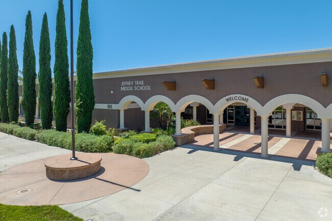 The front entrance of Jeffrey Trail Middle School has plenty of space for students to congregate.