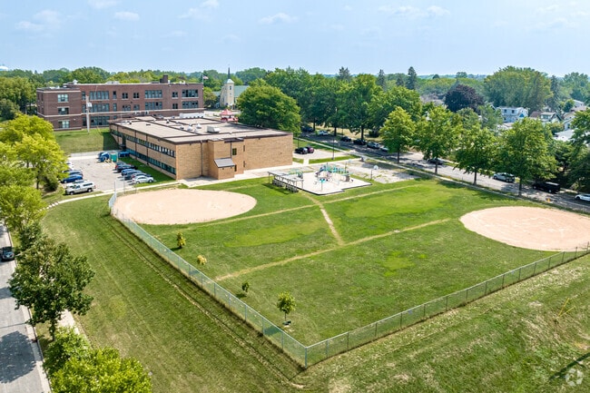 Aerial view of the The playground at The Heights Community School campus.