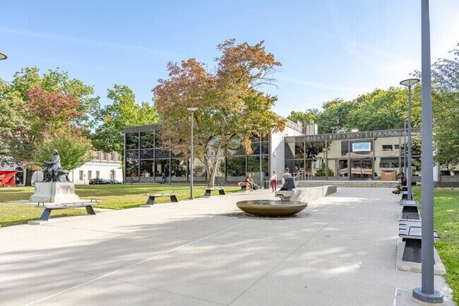Library Park surrounds the Downtown Waterbury Library.