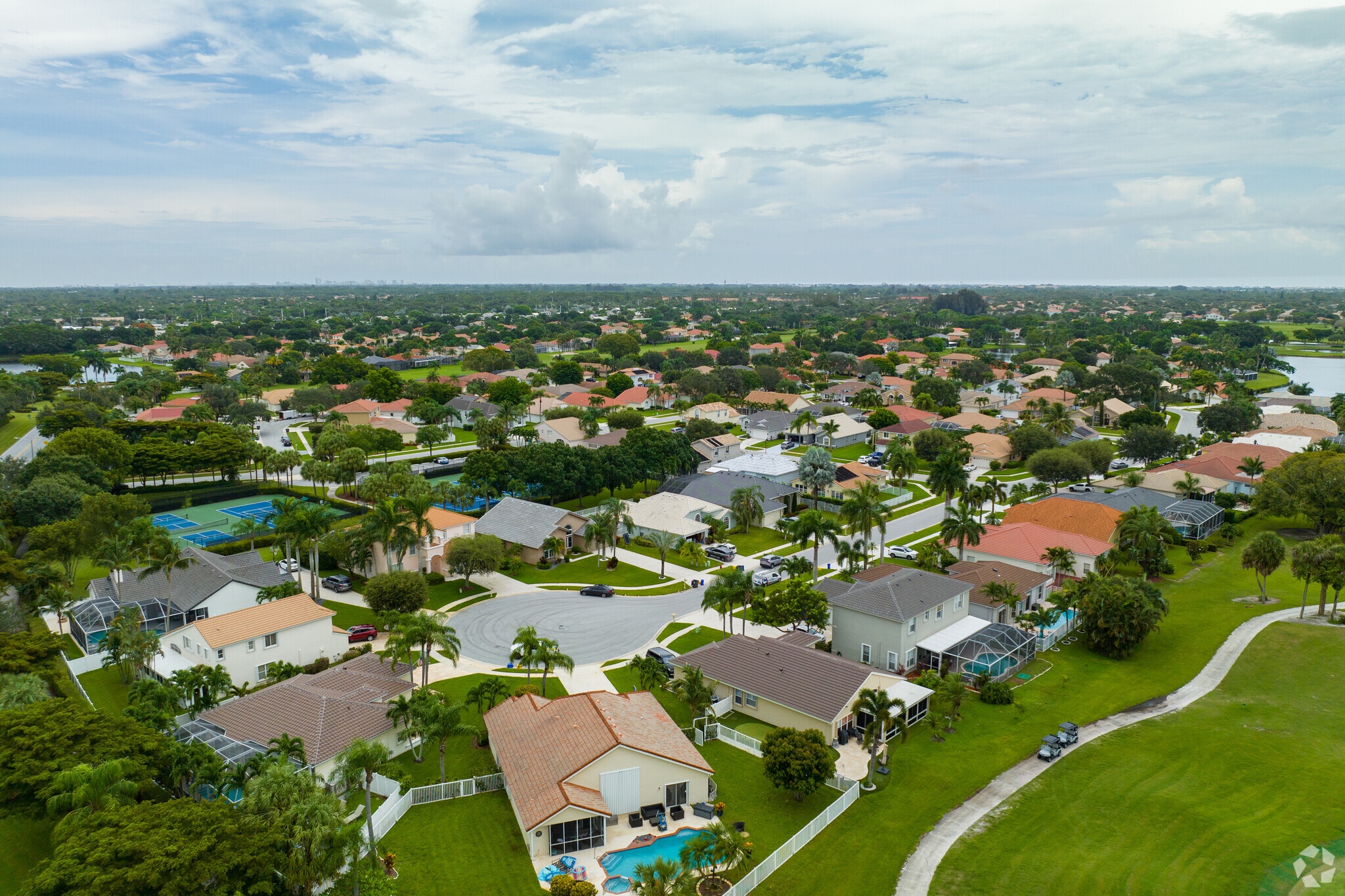 Aerial view of a residential community in Journey`s End neighborhood.