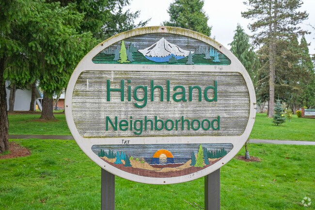 The picturesque Highland Beaverton neighborhood sign.