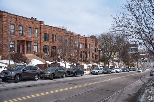 Brownstone condominiums along Ramsey Street in Summit Hill, Minnesota.
