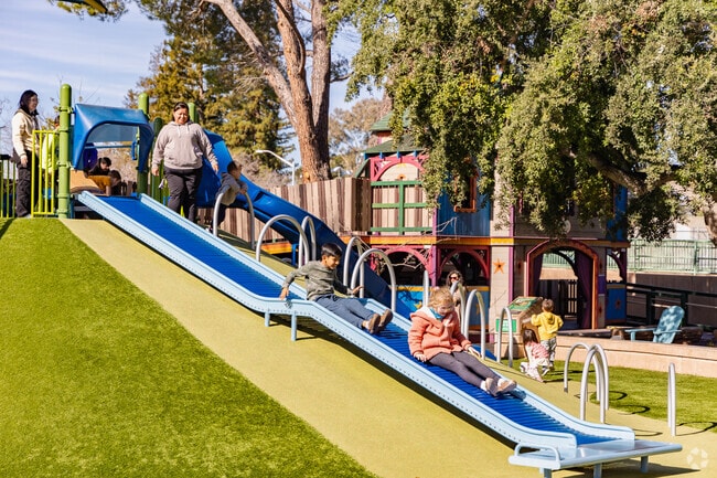 Mitchell Park’s playground features slides, climbing walls, and shaded seating.