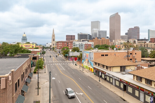 Colfax Ave is a main thoroughfare in the Capitol Hill neighborhood.