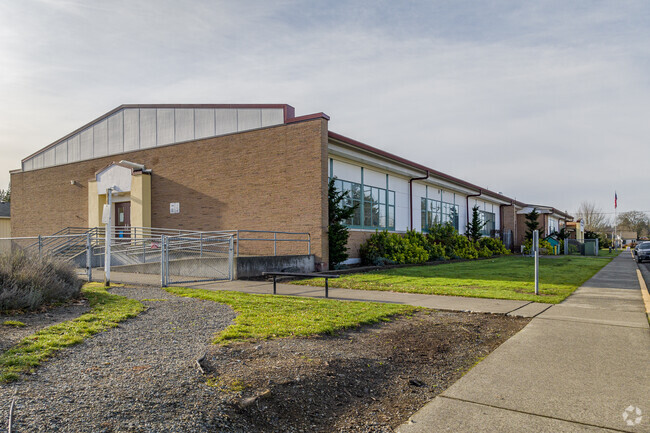 Front view and sidewalks going to school.