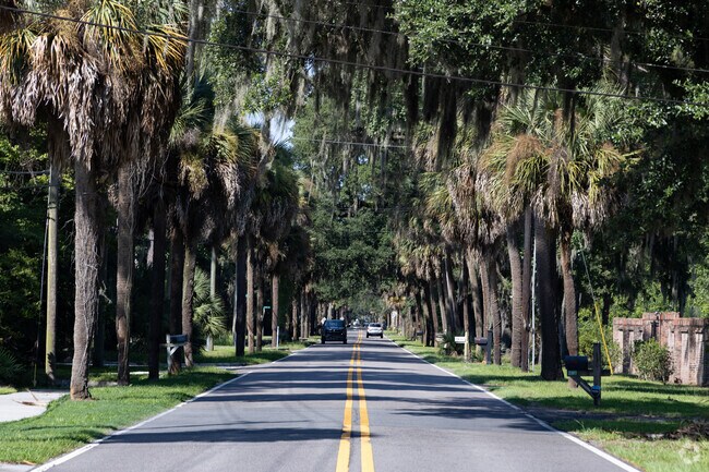 Streets throughout Norwood-Wylly Island are lined with palm trees.