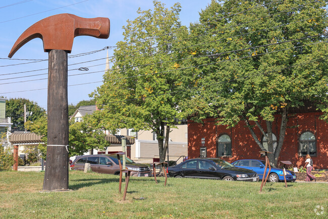 The giant hammer Downtown Lewiston symbolizes rebuilding and development.