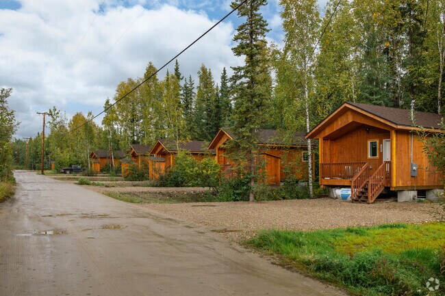 A row of small cabins is seen in the Goldstream neighborhood.