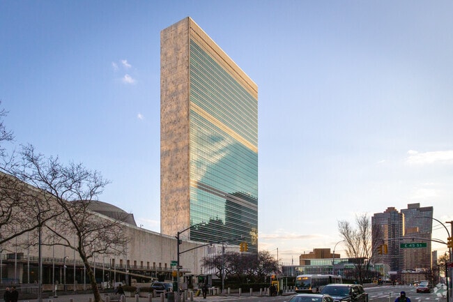 The United Nations Plaza looms over Turtle Bay, NY.