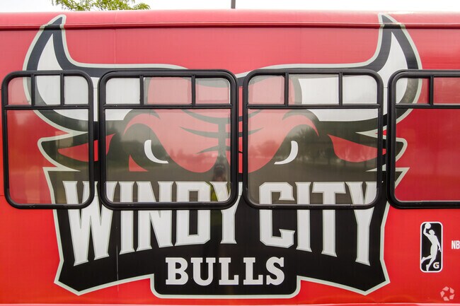 Chicago Bulls logo on a promo bus by their home - Now Arena.