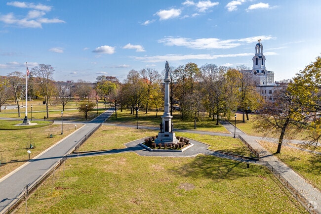The Campagnone Common features the Lawrence Soldiers' and Sailors' Memorial.