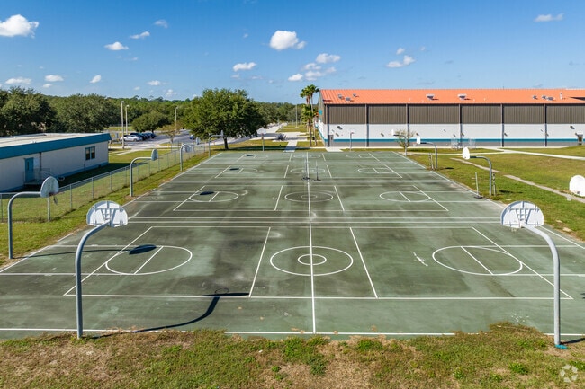 Kids enjoy outdoor play on the sports courts at Centennial Middle School .