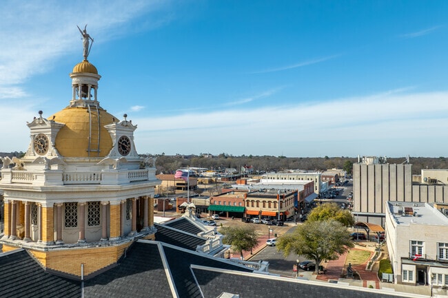 Downtown Marshall, Texas, comes into view from atop the historic courthouse, showcasing the city’s charm and heritage.