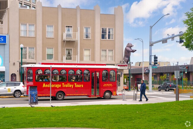 Trolleys offer scenic rides through Downtown Anchorage’s historic streets.