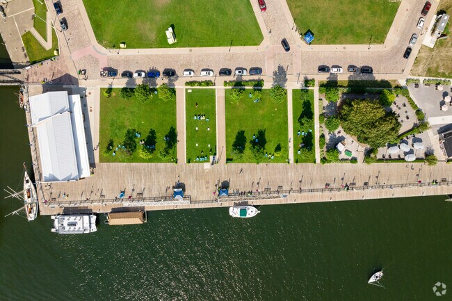 Canalside has lots of green spaces and a boardwalk right along the water.
