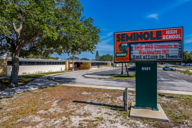 A digital sign displays informatiuon outside of Seminole High School.