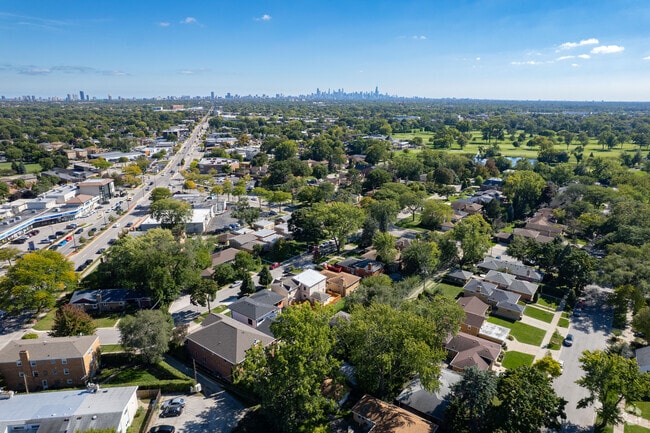 Aerial View of neighborhood towards downtown Chicago
