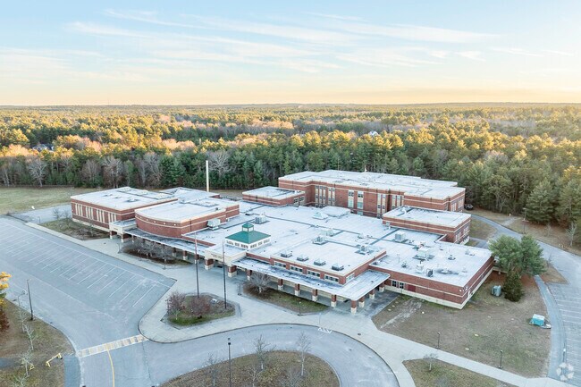 An aerial view of the large Freetown-Lakeville Middle School campus in Lakeville, MA.