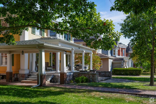 Colorful homes with unique details line streets in Goshen Downtown Historic District.