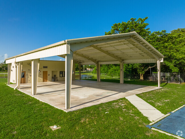 Students can take a rest at the covered play area at Whispering Pines Elementary School.