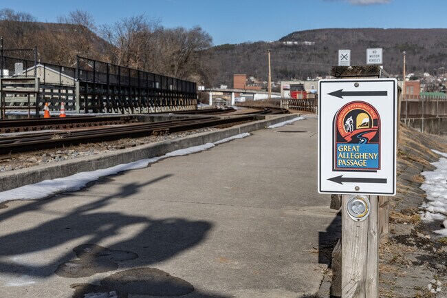 Careful when crossing the tracks on the Great Allegheny Passage in Cumberland.