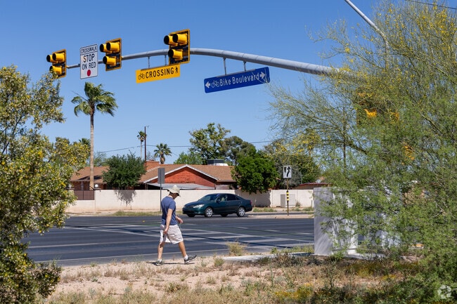 Locals can safely cross Mitman's main streets with HAWK crosswalks and Bike Boulevards.
