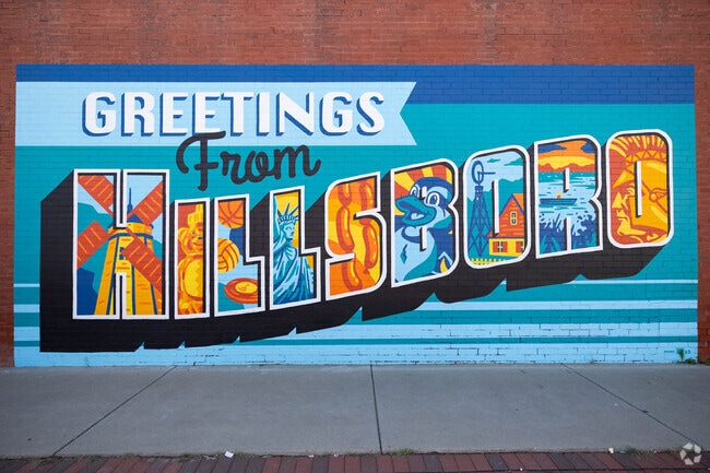 Hillsboro’s downtown welcome sign stands near shops and local businesses.