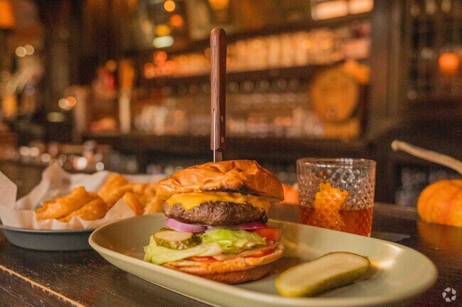This delicious cheeseburger and onion rings can be ordered at the Thornton Distilling Company.