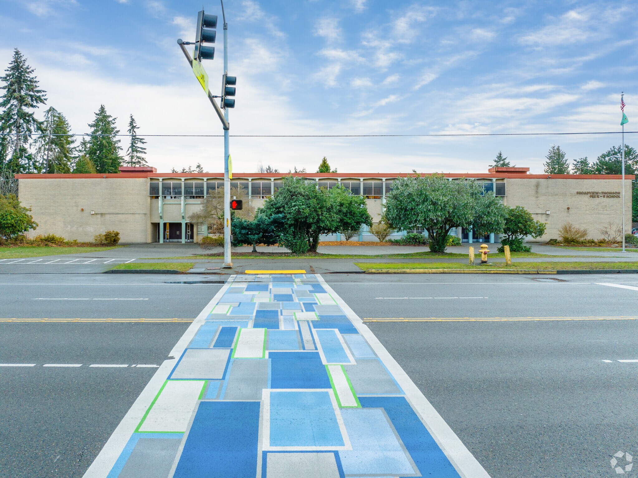 T crosswalk in front of Broadview Thomson K-8 school is a colorful Bitter Lake landmark.