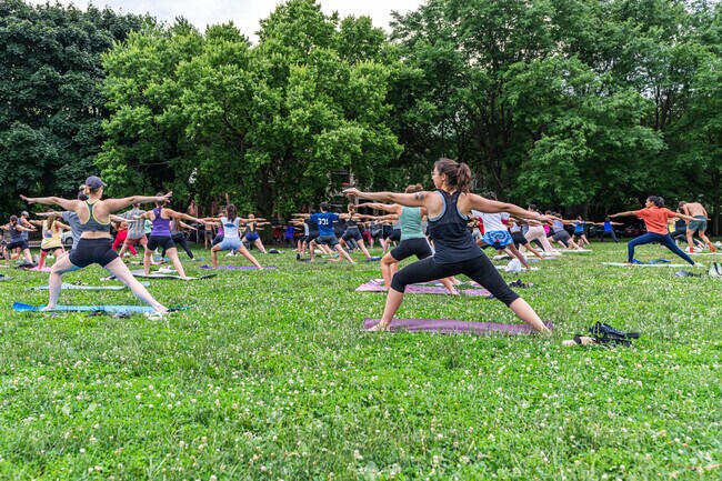 Attendees show off their flexibility at Yoga in Wicker Park.