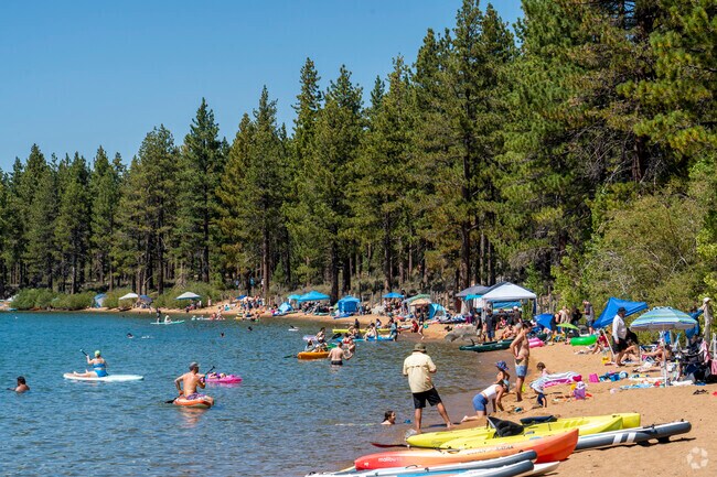 Zephyr Cove Beach is known for its sprawling shoreline and shelter from high-altitude winds.