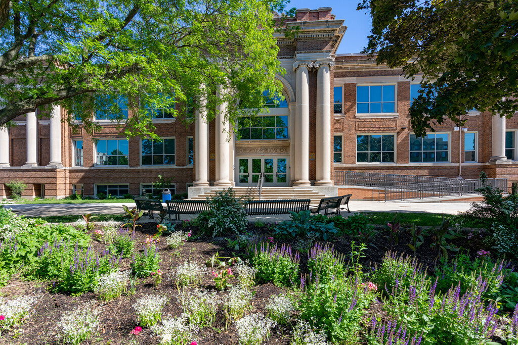 The front entrance to the Atwater School features the gorgeous school garden.