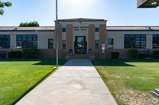 The entrance to Thomas Jefferson Middle School is located on the East end of campus.