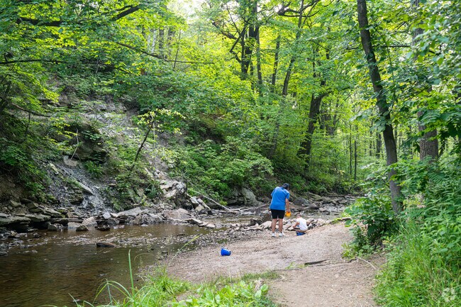 A mother & son play in the brook at Baird Creek Nature & Ski Trail McAuliffe Park, Green Bay
