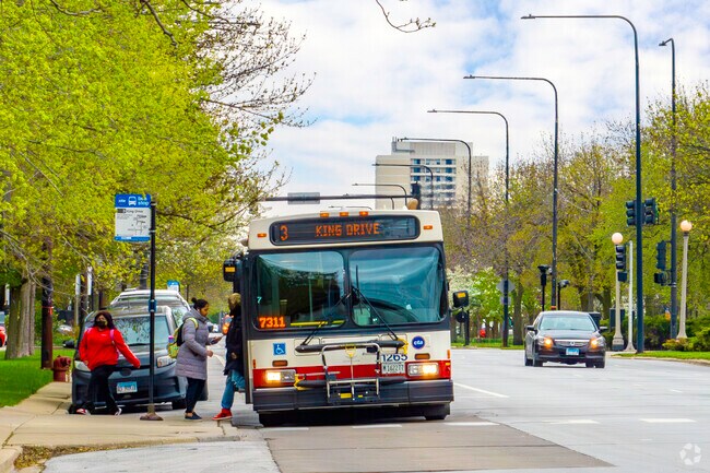 The CTA bus has numerous stops on Martin Luther King Drive in Prairie Shores.