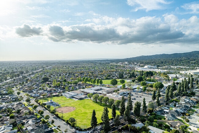 An aerial view of St Bruno Catholic School in Whittier.