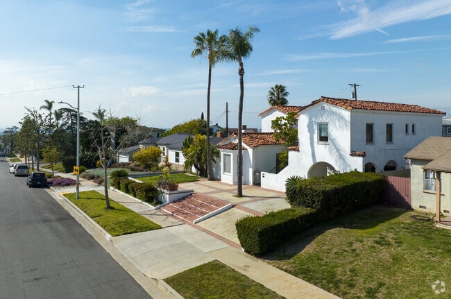A row of stucco homes in View Park, California.