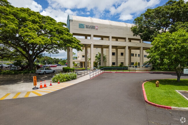 The towering architectural entrance to Wilcox Memorial Hospital in Lihue.
