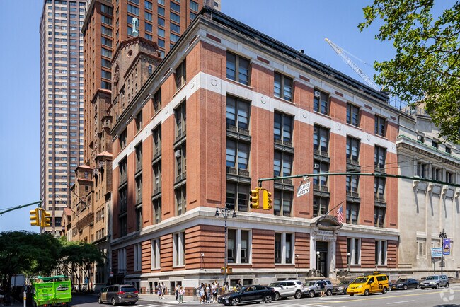 A view of the The entrance to Ethical Culture-Fieldston School building from the street.