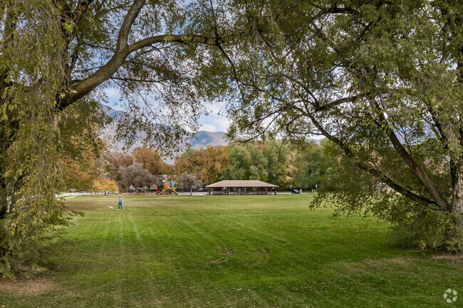 Framed by fall foliage, a man enjoys the outdoors with his dog at Romrell Park.