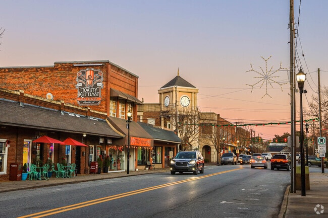 Lights start to twinkle at sunset over Gibsonville town center.
