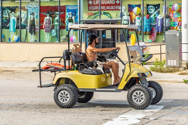 A man and his dog cruise through Grande Dunes in a golf cart along the beachside shops.