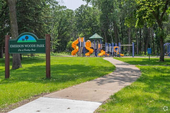 Emerson Woods Park features an open playground surrounded by natural scenery.