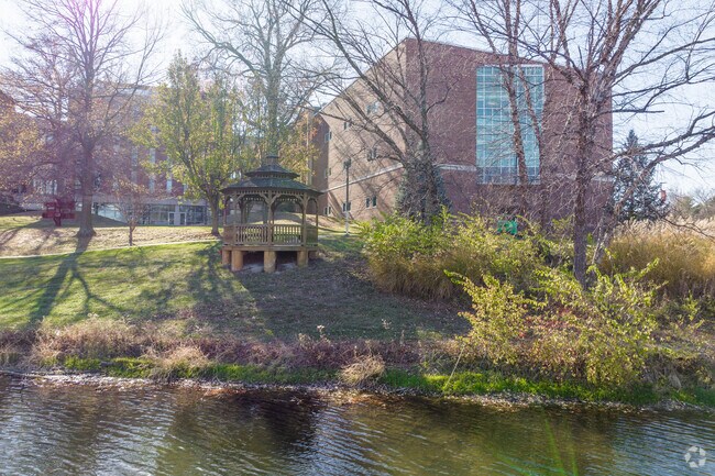 A scenic view of Bugg Lake can be seen from this gazebo, close to Velda Village Hills.